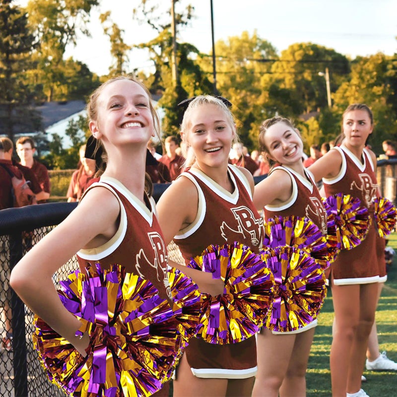 CREATIEE-PRO 4Pcs Metallic Cheerleading Pom Poms, Creatiee 2 Pair Cheerleader Cheering Squad Pompoms for School Sports Dance Games Team Spirit Cheer (Purple-Gold) - Image 5